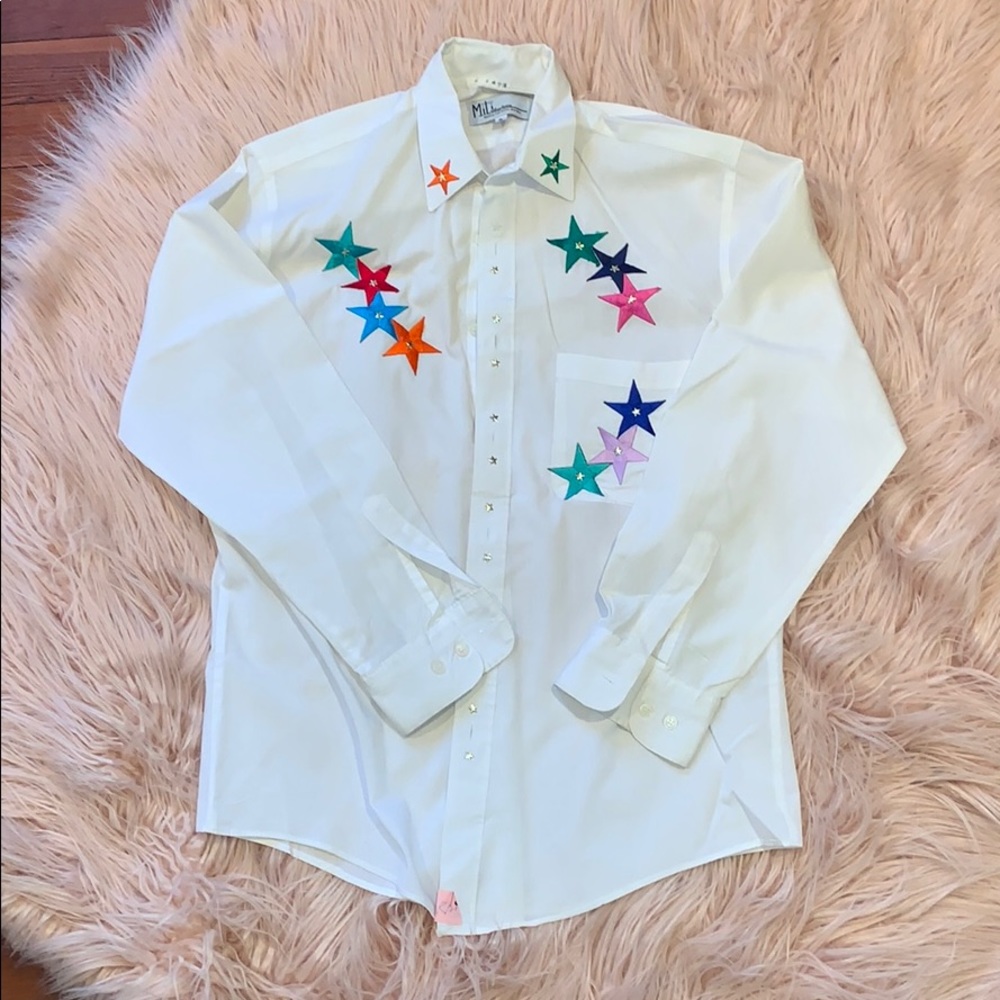 White Button Down with Muticolor Star Pattern
